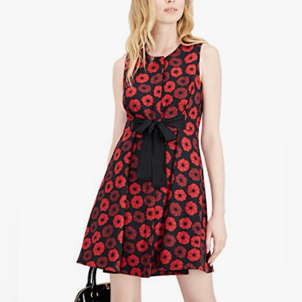 Maison Jules Jacquard Bow-Detail Fit & Flare Dress Tie Waist Red & Black Size 12